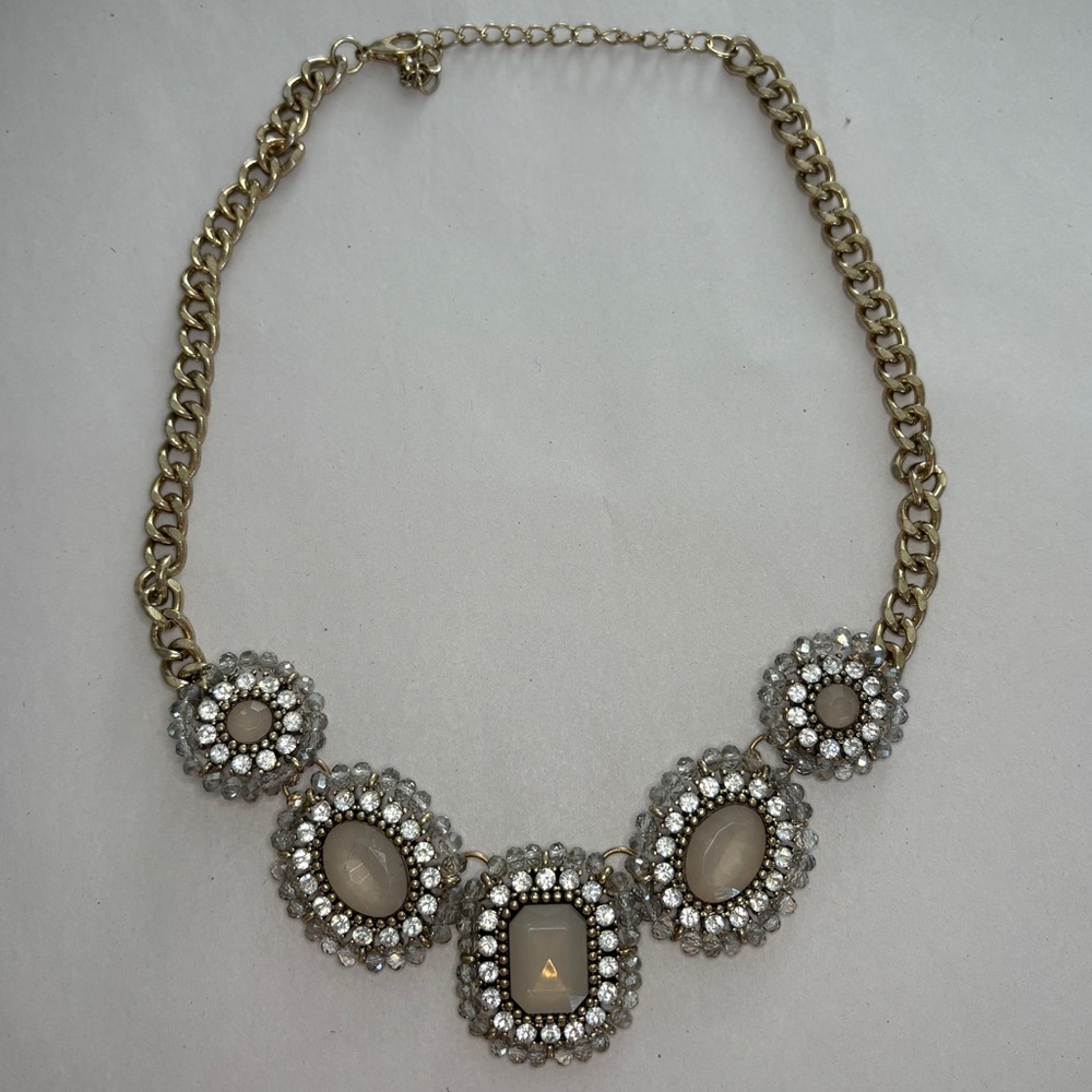 Statement Costume Bib Necklace – Gold Tone Chain with Rhinestones & Cream Stones